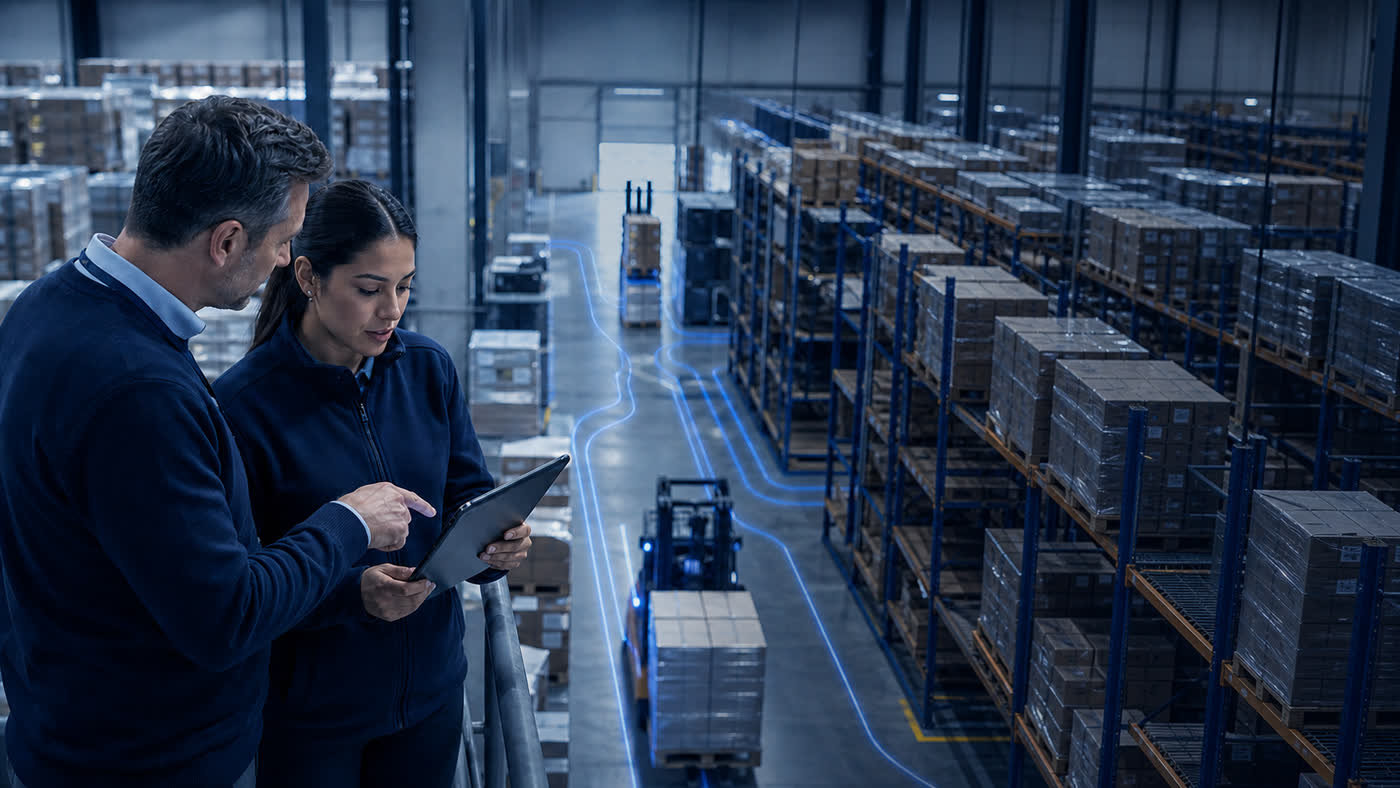 Two supervisors reviewing stock on a tablet above a busy distribution floor